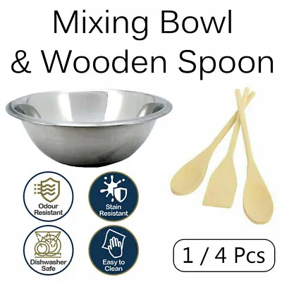 $12.69 • Buy Beech Wood Wooden Spoons & Stainless Steel Mixing Extra Large Bowl Polished