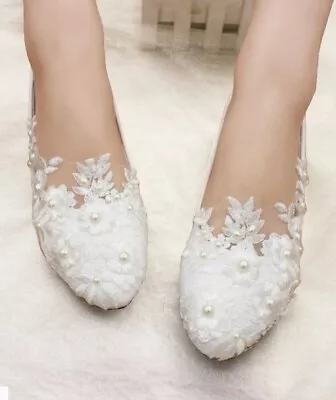 NEW Flat Wedding Shoes UK4 Size 36 - White Flower Pearl Lace-JJ House • £12