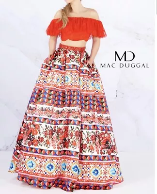 NWT MacDuggal Prom Pageant Gala 2 Piece Dress Red/Print Size 0 • $135