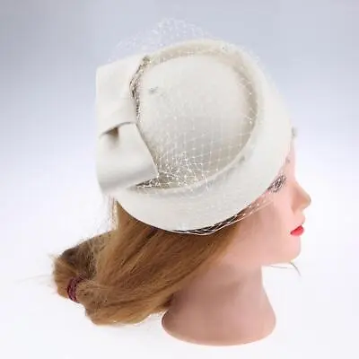 £20.76 • Buy Vintage Wool Felt Pillbox Hat With Bow  Fascinator Wedding Headpiece White