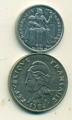 2 DIFFERENT COINS From FRENCH POLYNESIA - 1 & 20 FRANCS (BOTH DATING 1984) • $1.75