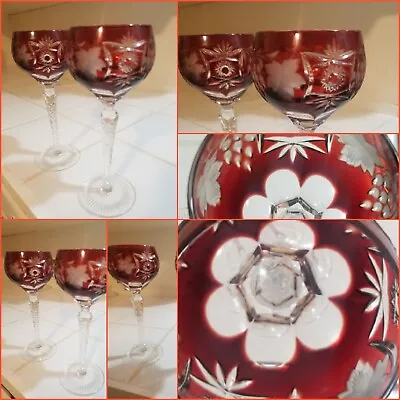 Nachtmann Traube Wine Glass 8 1/4  Cranberry Red Cut To Clear Crystal Bohemian • $70