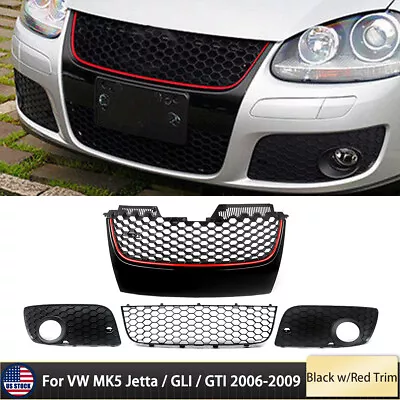 $83.59 • Buy For VW MK5 Jetta/GLI/GTI 2006-2009 Front Honeycomb Grille Set Black W/ Red Trim