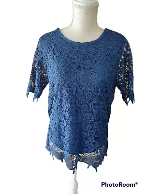 Philosophy Blue Lace Crochet Top Round Neck Short Sleeve Blouse Womens Size Med • £9.73