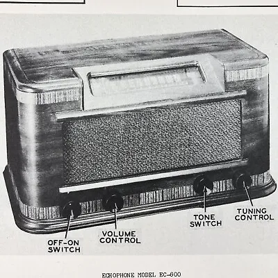 Vintage Original 1946 Echophone Radio Model EC-600 Wire Schematic Repair Manual • $9.99