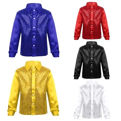 Boys Shiny Sequins Dress Shirt Long Sleeve Button Down 70s Shirts Disco Costume • £12.64