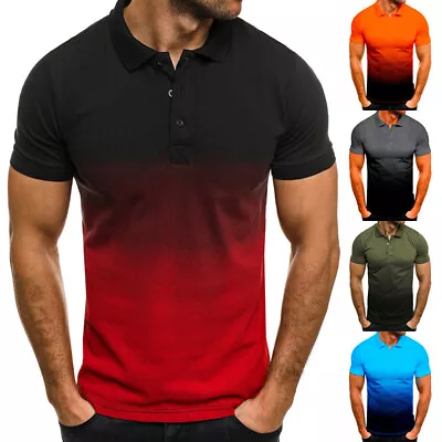 Mens Gradient Short Sleeve Polo Shirt Casual Sport Golf Badminton T Shirt Tops • $16.46