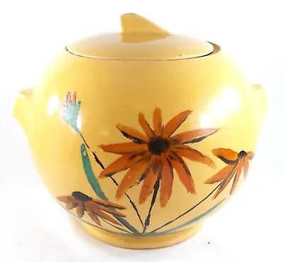 Vintage Yellow Ware Cookie Jar Spherical Shape Hand Painted Floral Decoration • $28