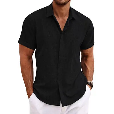Mens Linen Style Short Sleeve Solid Shirts Casual Fit Formal Dress Top Tee Shirt • $17.73