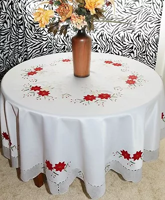 Vintage Christmas Embroidered Poinsettia Tablecloth Oblong/round 4-16 Seats • $66