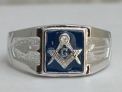 Masonry Masonic Blue Enamel Compasses Clear Austrian Crystal Men Ring Size 14 • $23.99
