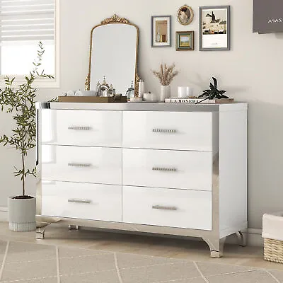 High Gloss 6 Drawers Double Dresser Mirrored Chest Of Drawers With Metal Handles • $333.86