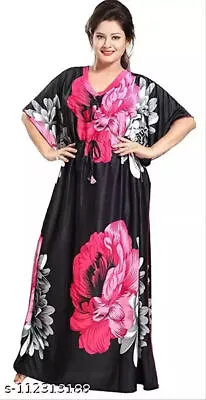 Indian Satin Printed Maxi Night Dress Kaftan Night Suits Nighty For Women Black) • $32.89