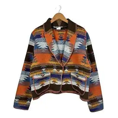 Vintage Rhonda Stark Southwest Navajo Print Wool Jacket Blazer Size Large Brown • £85.45