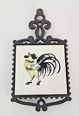 Vintage Cast Iron Rooster Ceramic Tile Farmhouse Trivet Hot Plate 1970s Art • $8.95