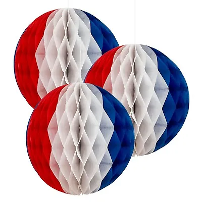 3 X 16cm Red White Blue Honeycomb Paper Balls Hanging Party Decor Great Britain • £2.78