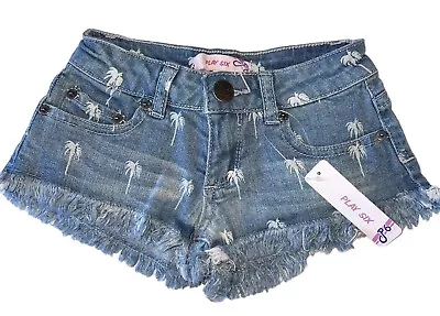 Play Six (Vintage Havana) Girls Denim Palm Print Cutoff Jean Shorts Size 5 NWT • $27.95