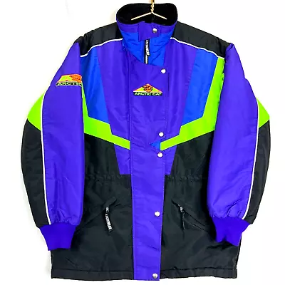 Vintage Arctic Cat Snowmobile Racing Puffer Bomber Jacket Size Large Black • $76.49