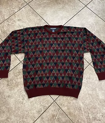 Vintage Van Huesen Grandpa Sweater Mens Large Geometric Argyle Knit Crosby • $21.49