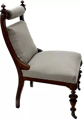 Antique Mahogany Library Chair Circa 1900s  Reupholstered By Grey Linen • £350.27