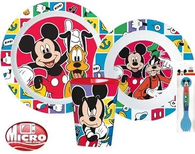 Disney Mickey Mouse Plastic 5 Pc Breakfast Dinner Set Plate Bowl Cup & Cutlery • £11.49