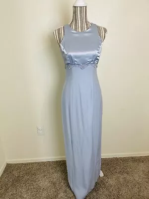 Vintage 70s Glam Alfred Angelo Dusty Blue 3/4 Prom Button Back Dress Gown Dainty • $59.99