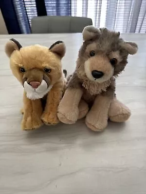 Plush  Lot Of 2 -Wild Republic Stuffed Mountain Lion & Grey Wolf Cubs • $22