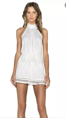 Zimmermann Amire Cherry Silk Playsuit Beige Lace Own Back Halter Neck Size 0 • $275