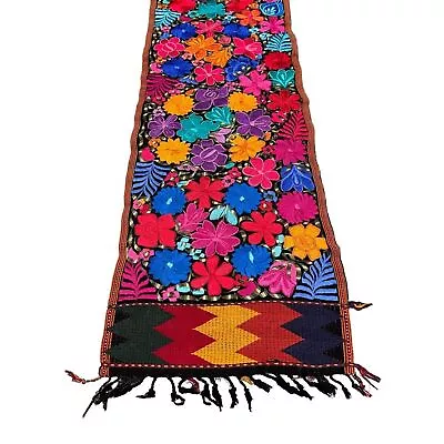 Mexican Floral Embroidered Table Runner Bright Rainbow Chiapas Handmade • $149.99