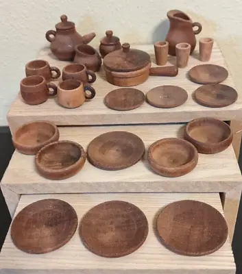 Vintage 26 Pc Miniature Dollhouse Turned Wood Dishes Plates Cups Pitcher More • $26