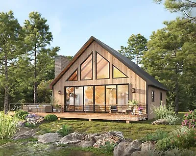 Modern 1675SF Cabin W/ Loft Architectural House Plans 3 Bedroom - PDF Download • $125