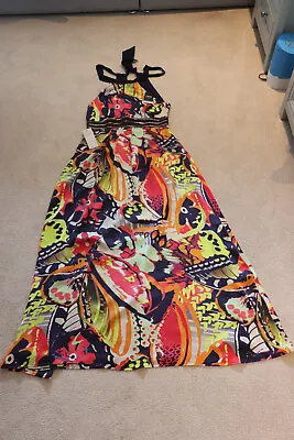 Beautiful Ladies Multi Colour Tropical Print Halter Neck Maxi Dress NEXT Size 12 • £20