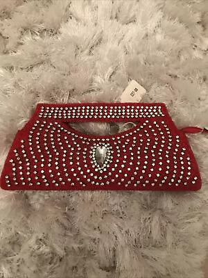 Beautiful Red Clutch Bag With Faux Gem Crystals Evening Purse Bollywood Outfit • £11