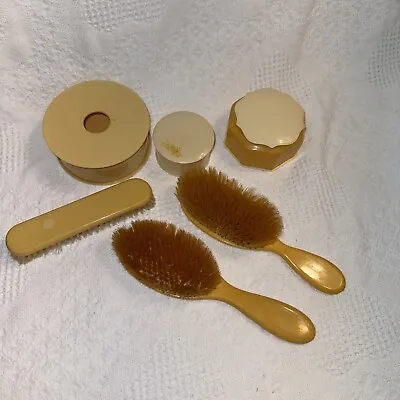 Celluloid Vanity Dresser Set-Hair Receiver-2 Brushes-2 Powder Vintage 6 Pieces • $12.04