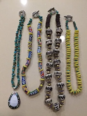 African Bead Lot Of 4 Necklaces .925 Pendant Turquoise Bone Pewter Clasps • $49.99