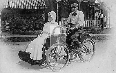 Couple Riding Indian Motorcycle With Sidecar Postcard REPRINT • $4.99