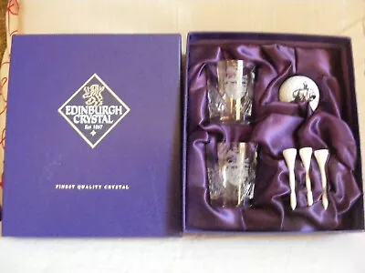 Boxed Set Of 2 Edinburgh Crystal Shot Glasses With Golf Etchings Golf Ball 3 Tee • £14