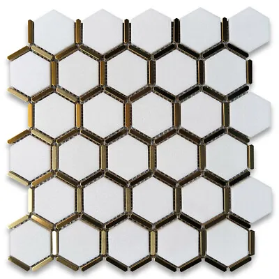 T328XP Thassos White Marble 2 Inch Hexagon Mosaic Tile Brass Strips Polished • $32.99