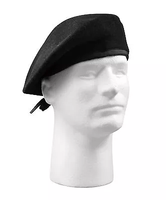 Black Beret GI Style - Wool W/ Drawstring No Eyelt - Sizes 7 - 7.75 • $16.99