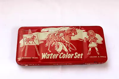 Vintage 1950's Child's Tin Litho Toy Paint Box Watercolor Cowboy Horse • $37.99