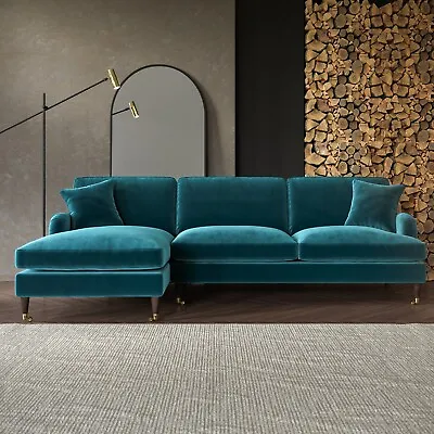 Teal Velvet L Shaped Sofa 3 Seater Left Hand Facing Saddle Arms Traditional • £939.92
