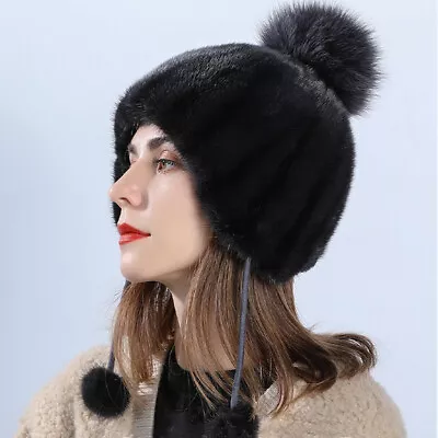 Real Mink Fur Hat Women Winter Warm Earmuffs Cap Headwear Fox Mink Pompom Black • $42.49