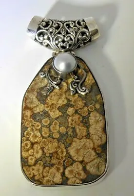 Artisan Bali Pendant Sterling Silver Fossilized Coral 10mm Faux Mabe Pearl BIG! • $225