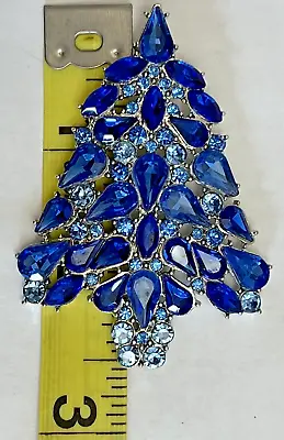 Vintage Royal Blue Christmas Tree Crystal Glass Rhinestone Brooch Pin Holiday • $14.39