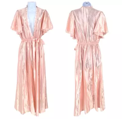 Vintage Val Mode Satin Lace Trim Tie Front Along Nightgown Robe Pink Small • $40