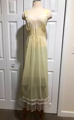 Vtg 1950’s/60’s Mary Barron Long Yellow Nightgown Lace Sheer Nylon Size 34 • $59