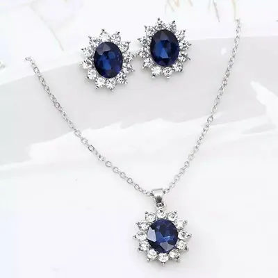 £5.29 • Buy Princess Royal Sapphire Pendant Blue Crystal Stud Earrings Necklace Wedding Set 