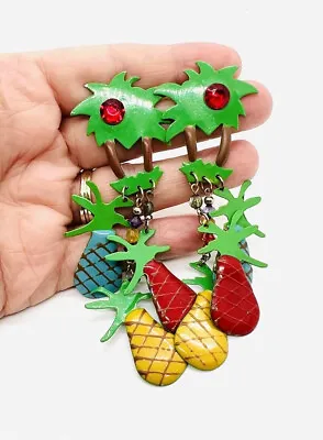 Memphis Style Enameled Palm Tree & Fruits Drop Dangle Earrings Vintage Jewelry • $99.99
