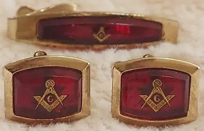 Rare Vintage Masonic Gold Red COMPASS & SQUARE Fraternal CUFFLINKS TIE CLIP BAR • $39.99