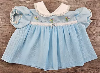 Baby Girl Clothes Vintage Preemie Newborn Blue Ribbed Smocked Flower Dress • $24.99